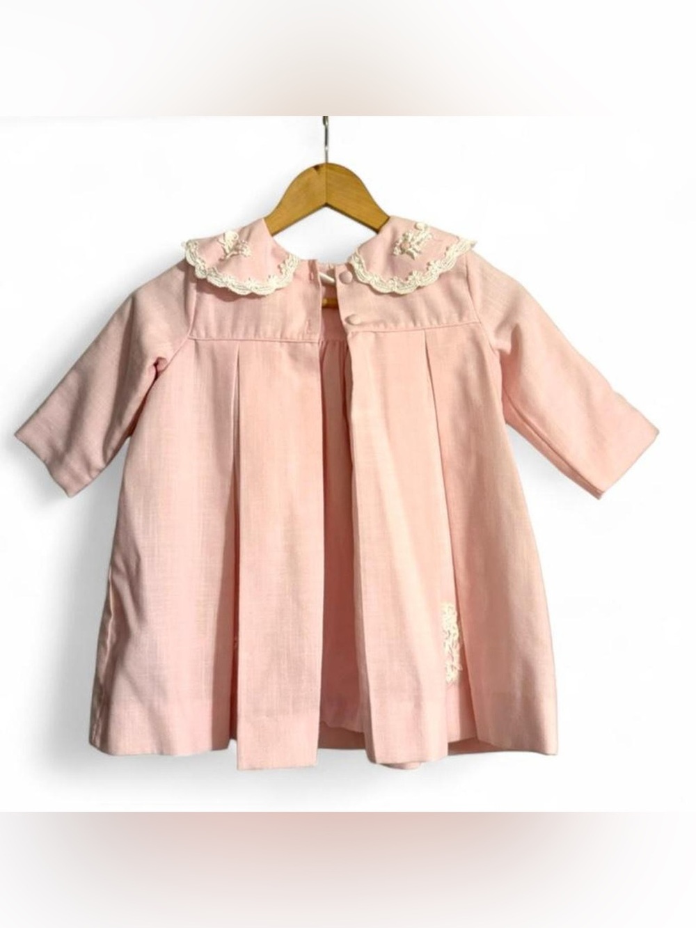 Vintage 80s Pink Pleated Coquette Dress Coat w/ Lace Collar 4T